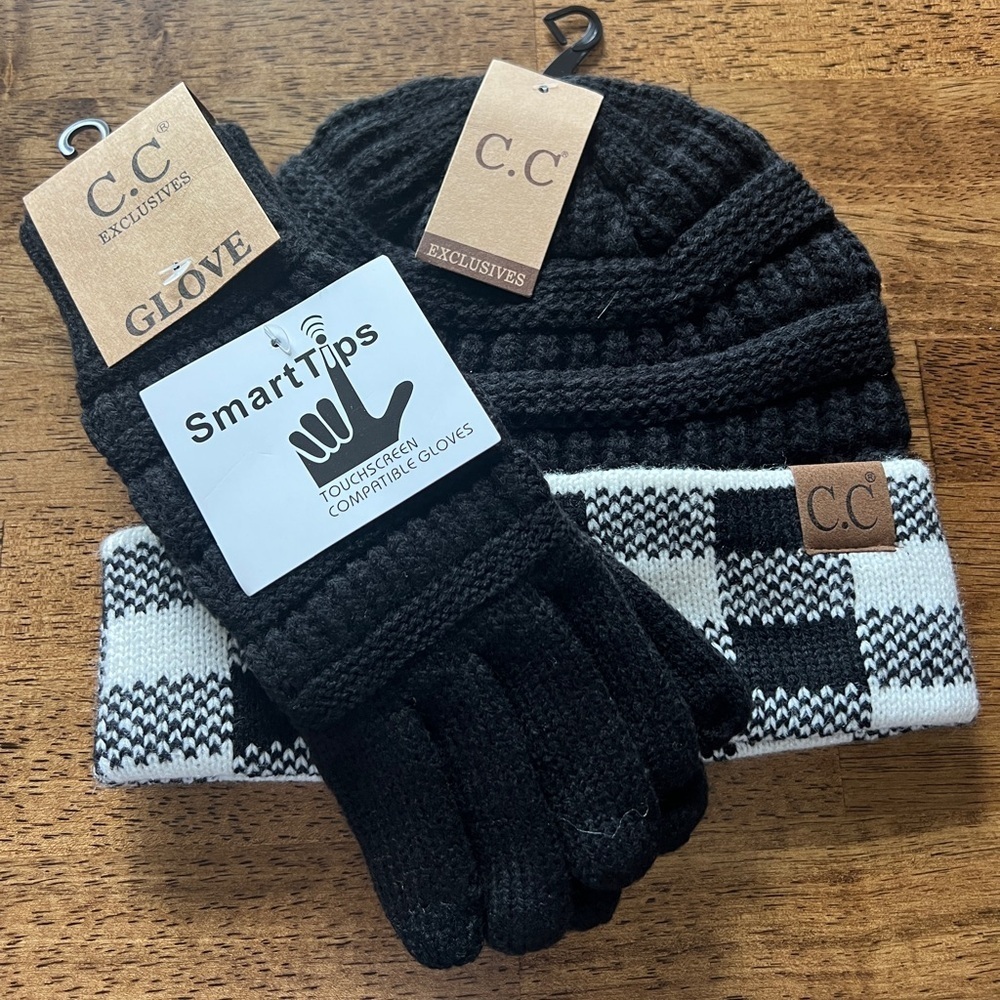CC Boutique Black and White Knit Hat and Glove Set